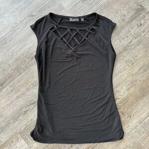 New York & Company - Black Lattice Trim Cap-Sleeve Top - 7th Avenue - Small